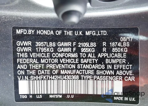 2017 Honda Civic Sport из США, поврежденный, VIN SHHFK7H42HU430368